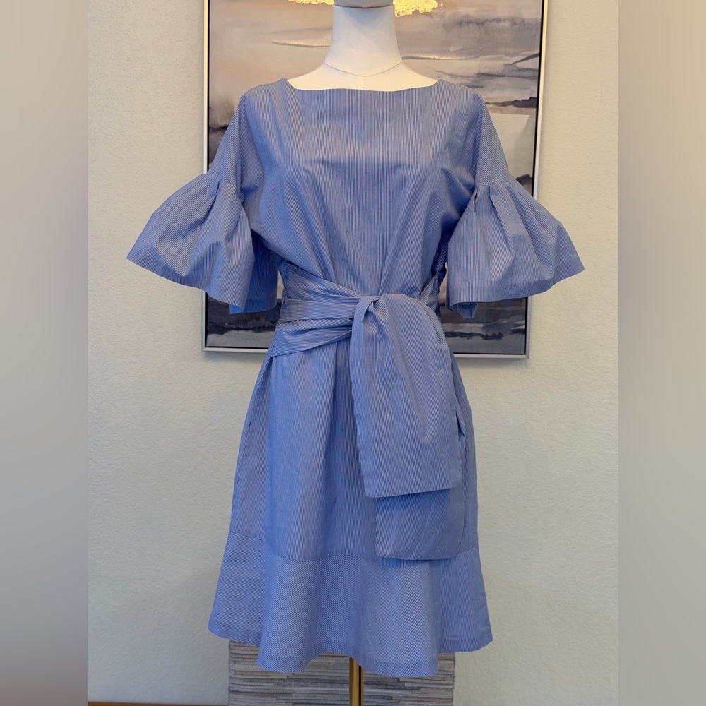 100% cotton Blue White Striped Midi Dress with Flare Sleeves - Picture 2 of 16